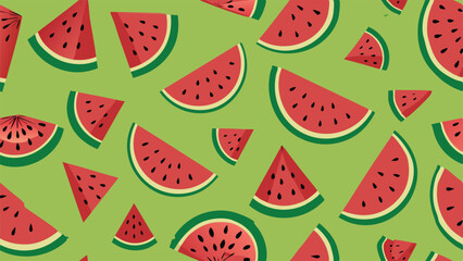 Seamless pattern of red watermelon slices with black seeds on green background fruit