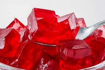Bright Red Jello Dessert Squares in Glass Bowl with Spoon on White Background