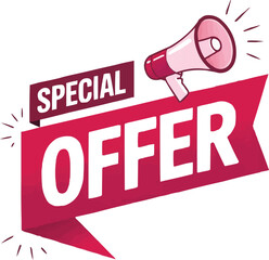 Bright red speech bubble announcing a special offer with a megaphone illustration
