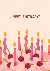 Happy Birthday, greeting card, postcard design with candles and cherry berries on holiday cake. Yummy festive dessert, confectionery treat for bday party. Modern style flat vector illustration