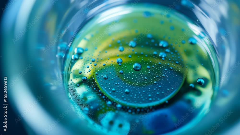 Poster biodiesel concept ,close up view of blue and green liquid with bubbles glass container creating mesm