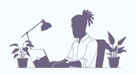 Silhouette of a Person Working on Laptop with Plants and Desk Lamp.