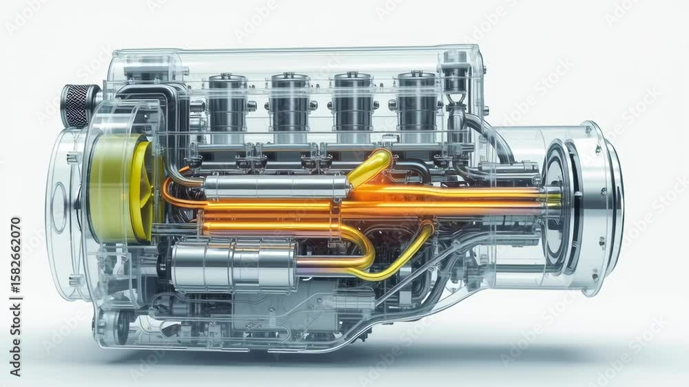Poster biodiesel concept ,transparent engine model showcasing internal components and intricate mechanical 