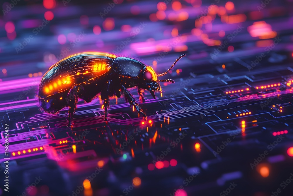 Poster glowing beetle bug on circuit board with neon colors and digital patterns at night
