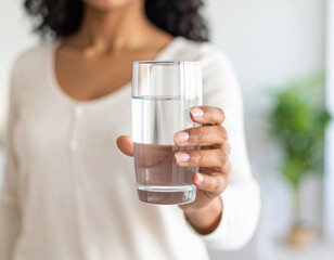 Woman holding a glass of clean water, offering it forward in a bright room with a soft background