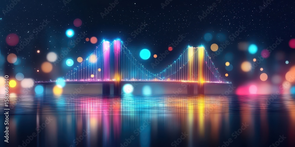 Poster engineer structural bridge concept. illuminated bridge at night with colorful bokeh and reflections 