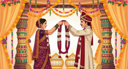 Indian bride and groom exchange garlands during a vibrant wedding ceremony, adorned in traditional attire within a beautifully decorated mandap.