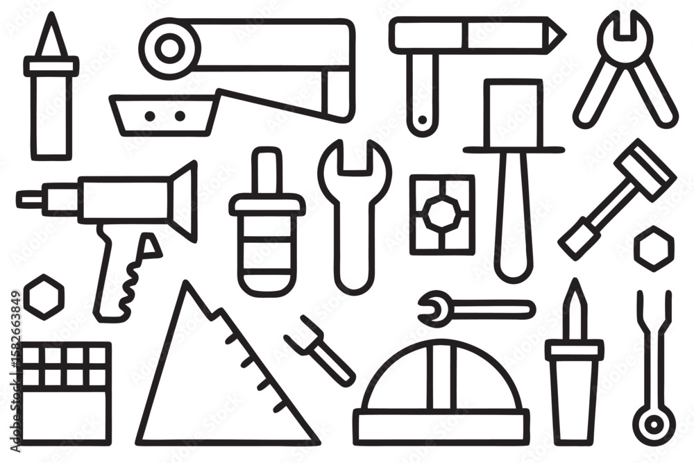 Poster collection of black line art icons representing various tools and objects on a white background cons