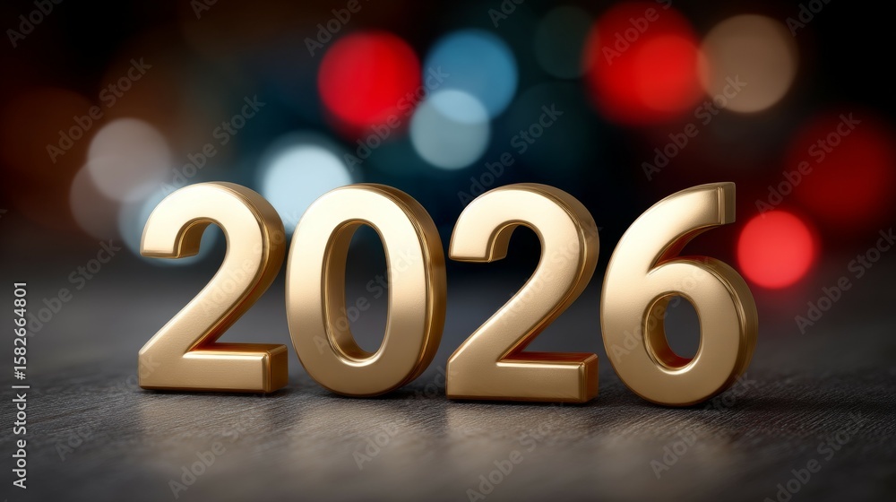 Poster golden 2026 numerals with colorful bokeh lights in background