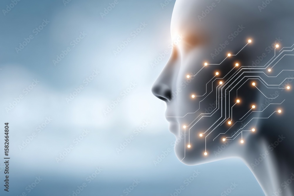 Poster futuristic cybernetic face with circuitry and glowing nodes