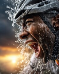 Cinematic finish line face closeup with cycling athlete crossing finish line with power, capturing cycling athlete in dramatic victory moment, showing emotion and grit of a true cycling athlete