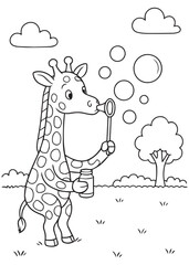 Coloring book giraffe blowing bubbles with friend.