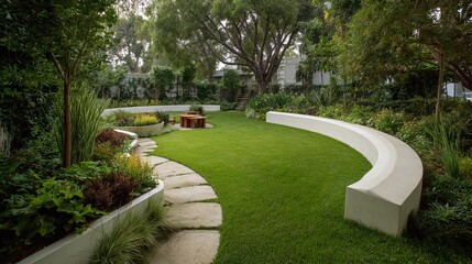 Serene garden landscape featuring curved seating and lush greenery in a tranquil outdoor setting.