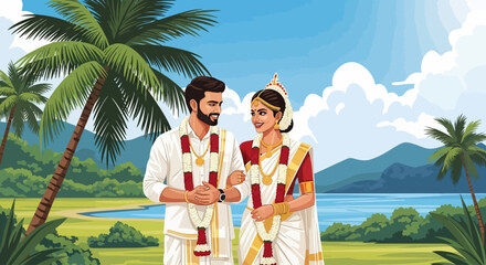 Newlyweds in traditional attire stand together, smiling, with tropical scenery behind them.