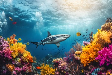 Vibrant Coral Reef Underwater Scene with Shark and Colorful Tropical Fish