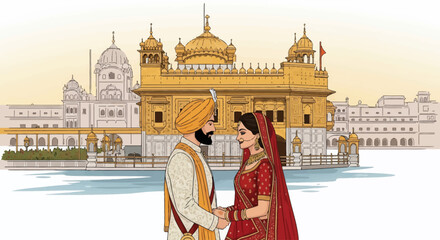 A Sikh couple in traditional attire holds hands in front of the Golden Temple in Amritsar, India.