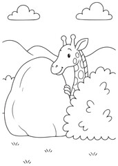 Coloring book giraffe hiding behind a bush.