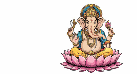 Illustration of Lord Ganesha sitting on a lotus flower, holding symbolic items.