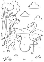 Coloring book giraffe jumping rope with flamingo.