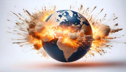 Animated image of a burning and exploding globe on white background.