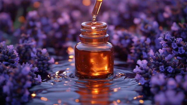 Dropper pouring lavender essential oil into glass bottle surrounded by purple flowers and rippling water &mdash; slow motion cinematic macro video in purple and amber hues for spa ads, aromatherapy branding
