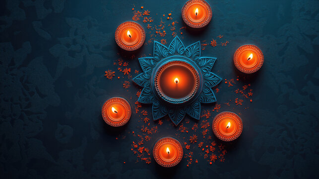 Top view Diwali background with illuminated diya candles and rangoli decoration. Traditional Hindu festival lights celebration. Deepavali Festival Lights, Dipawali - Hindu Celebration, Indian Festival