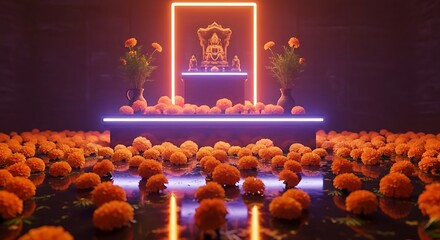 Vibrant Day of the Dead Offering with Marigolds and Neon Lights, A Modern Twist on Traditional Memorial,  paying respects to loved ones.