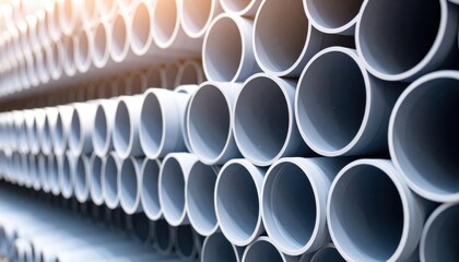 Numerous gray PVC pipes are neatly stacked and arranged on top of each other filling the whole frame in a symmetrical industrial pattern.