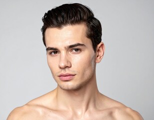 Fototapeta premium Close up portrait of a young man with dark hair and brown eyes He has fair skin