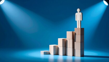 Wooden figure on a stepped platform under spotlights