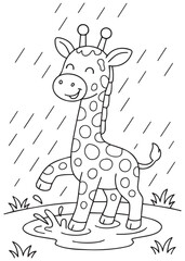 Fototapeta premium Coloring book giraffe walking in the rain.