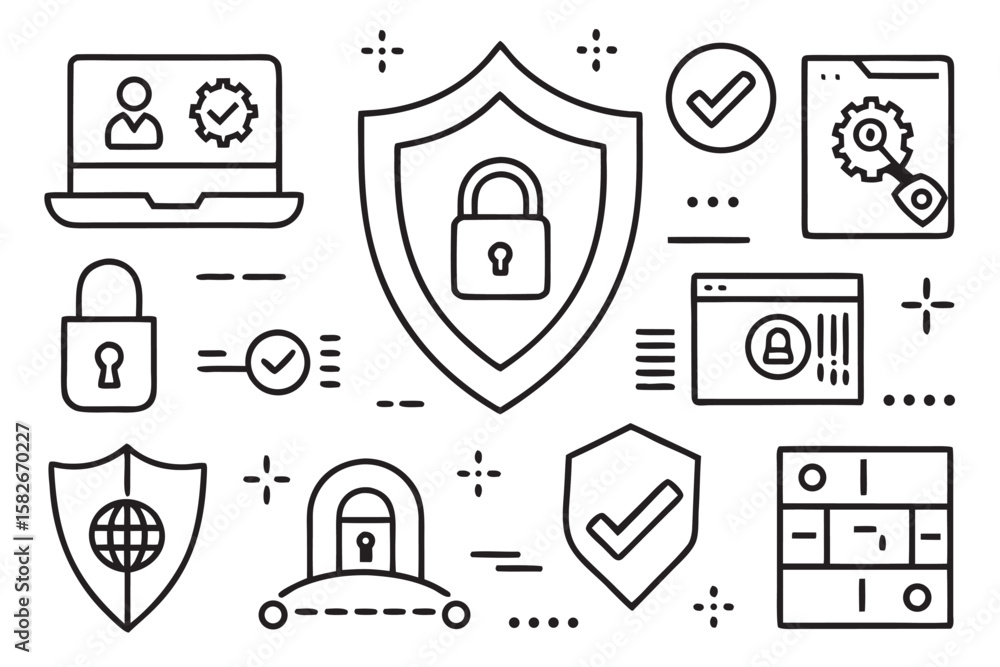 Poster cybersecurity icons featuring locks shields and computer security elements laptop