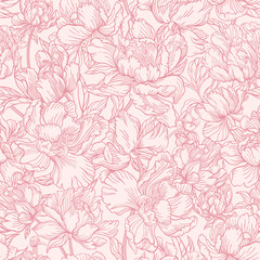 Seamless floral pattern featuring delicate pink peony blossoms with intricate outlines. Romantic and elegant design. Vintage or feminine aesthetics. Pink abstract background with botanical elements
