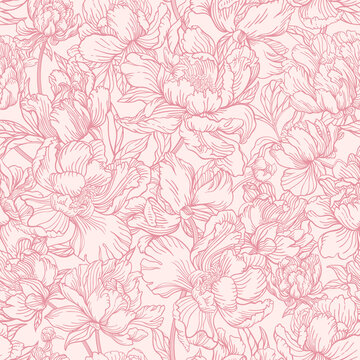 Seamless floral pattern featuring delicate pink peony blossoms with intricate outlines. Romantic and elegant design. Vintage or feminine aesthetics. Pink abstract background with botanical elements