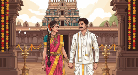 A South Indian couple, hand-in-hand, stands before a majestic temple, symbolizing love and tradition.