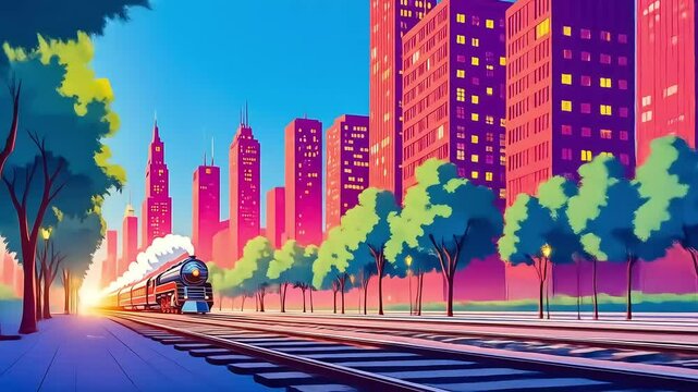 An animated steam train travels along a vibrant city track with tall, colorful buildings and lush trees under a bright blue sky