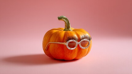 A trendy Halloween pumpkin wearing glamorous glasses with rhinestones and long eyelashes. Autumn harvest holiday for holiday card design. All Hallows Eve, Samhain Spooky Holiday Season, Fall Festival
