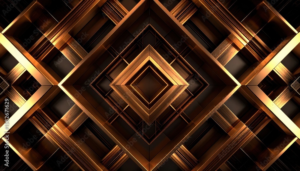 Poster abstract geometric pattern featuring interlocking metallic bronze and gold dimensional shapes