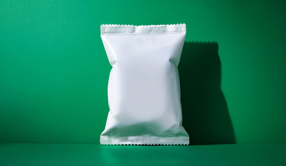Minimalistic mockup of a blank white chips bag on green background. Ideal for snack packaging design presentations or advertising visuals.