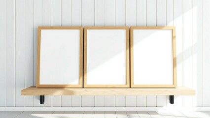 Three empty wooden picture frames displayed on a minimalist shelf against a white paneled wall