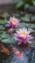Pink water lily blooming on pond surface with koi fish swimming below, tranquil zen garden with natural reflections and soft light