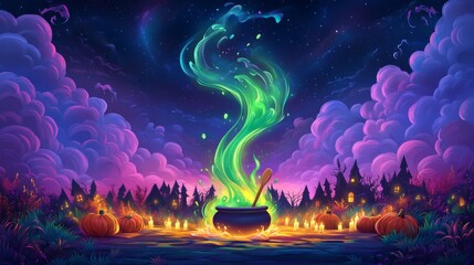 Obraz premium Halloween spooky night with a cauldron bubbling vibrant green potion and wooden spoon. Scary haunted houses, pumpkins, candles under a starry sky. Samhain