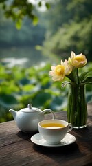 Lotus Tea Moment by the Water – Tranquil Outdoor Still Life Featuring White Teapot, Blooming Flowers, and Nature’s Mindful Serenity