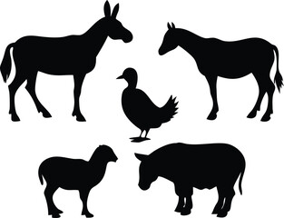 Fototapeta premium Farm animals silhouette collection donkey horse duck sheep and pig isolated on transparent background