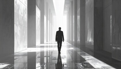 Fototapeta premium One man in dark suit walks down bright modern architectural corridor with light at the end