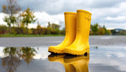 Bright yellow rubber rain boots stand in a puddle reflecting the cloudy sky and autumn trees after a rainy day out in the countryside.