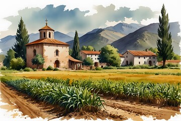 Harvesting crops in the monastery's fields
