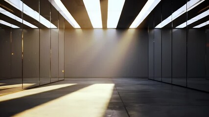 Dynamic sunlight streams across an empty minimalist architectural interior with reflective walls and concrete floor creating dramatic moving shadows - Powered by Adobe