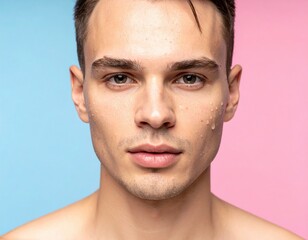 Fototapeta premium Close up portrait of a young man's face with water droplets on his skin against a split background
