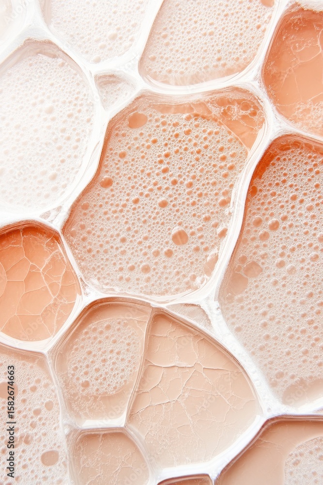 Poster close up view of liquid bubbles. abstract structure of peach tinted fluid. circular shapes connected